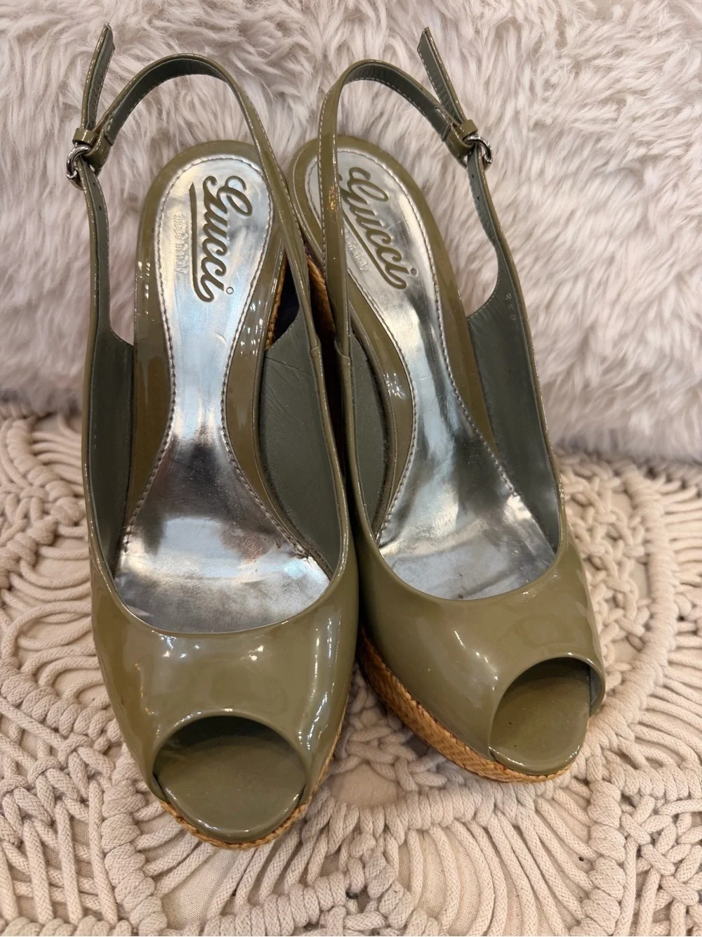 Gucci Olive Patent Leather Raffia Wedge Slingback